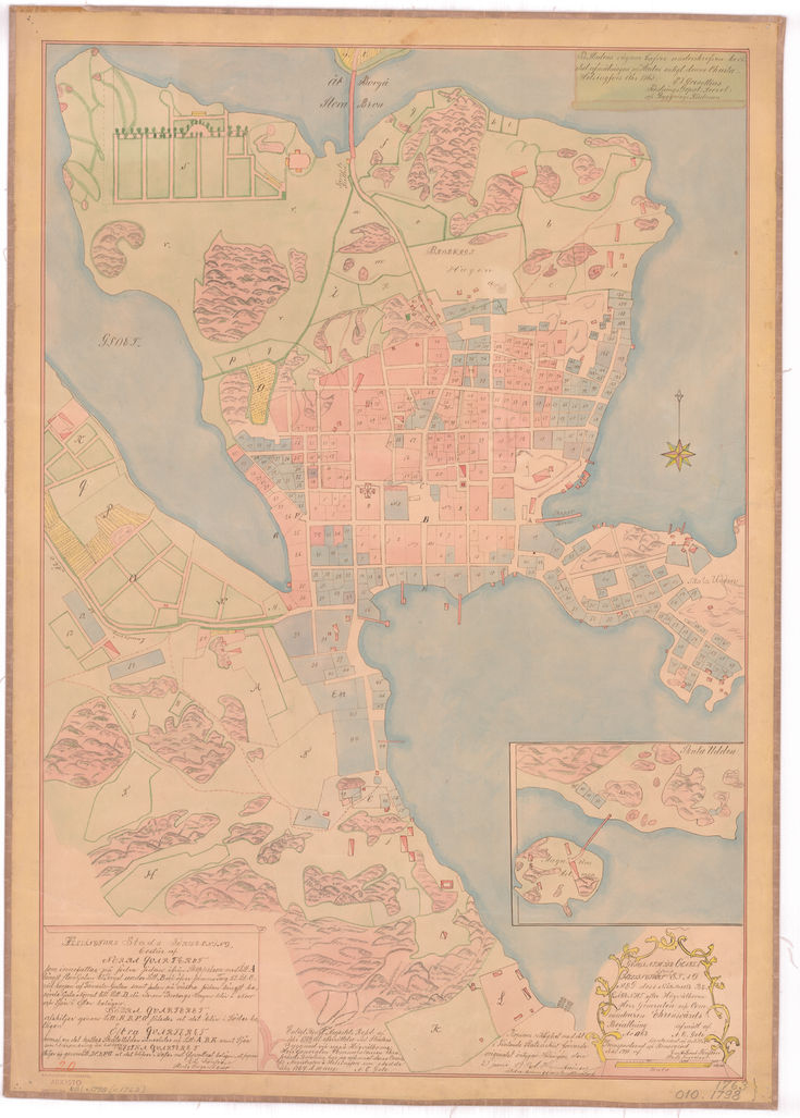 Kartta vuodelta 1763. jossa kuvattu Vironniemen Helsingin asemakaavaa ja pinnanmuotoja.