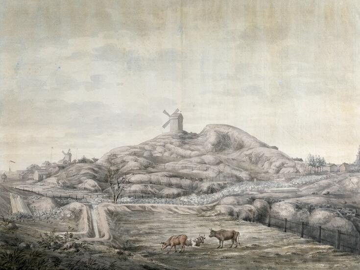 Carl Ludvig Engels målning från år 1816. I mitten av målningen ett omfattande berg med en vindkvarn på krönet. I förgrunden på jämnare mark några kor. På stället av berget byggdes senare domkyrkan.