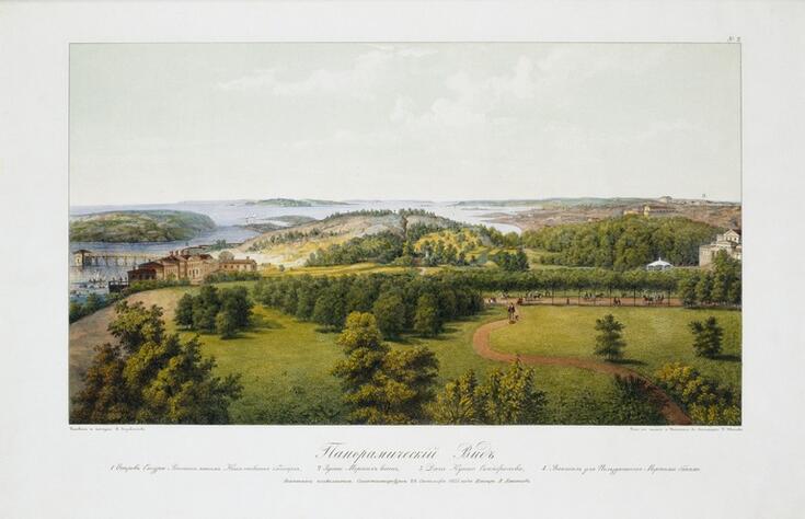 A landscape drawing of Kaivopuisto park. Ullanlinnan kylpylaitos can be seen to the left, with the island of Harakka behind it, and part of Kaivohuone can be seen to the right. There is a large park area with corridors in the middle. Busy traffic on Iso Puistotie.