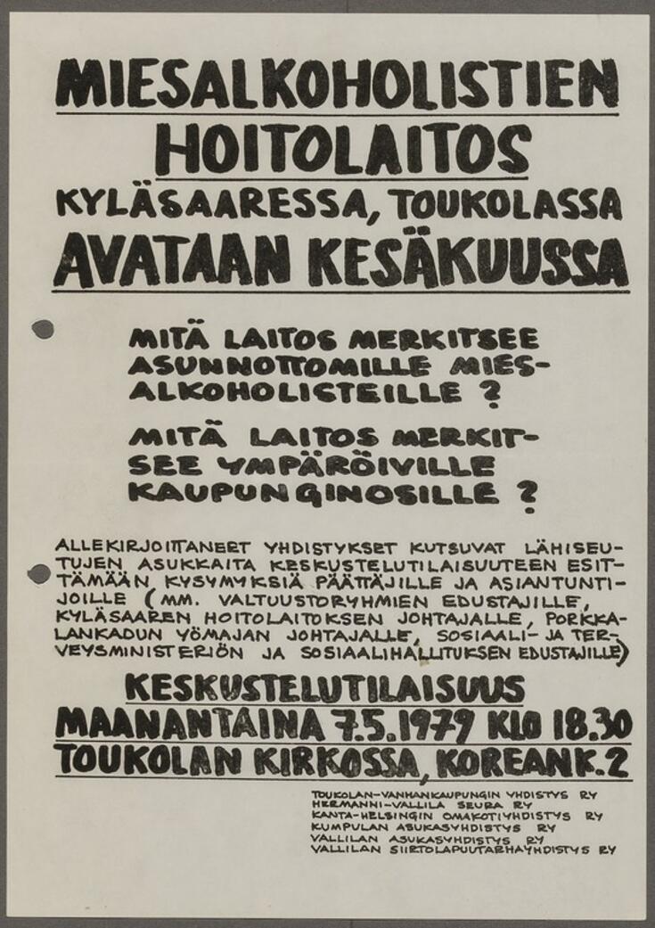 Ett handtextat plakat om öppnandet av en vårdanstalt för alkoholistmän