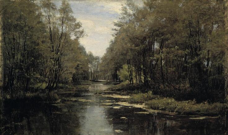 En oljemålning som avbildar en damm i Brunnsparken år 1872. På målningen syns en avlång skogig damm och inga tecken på stadsliv.