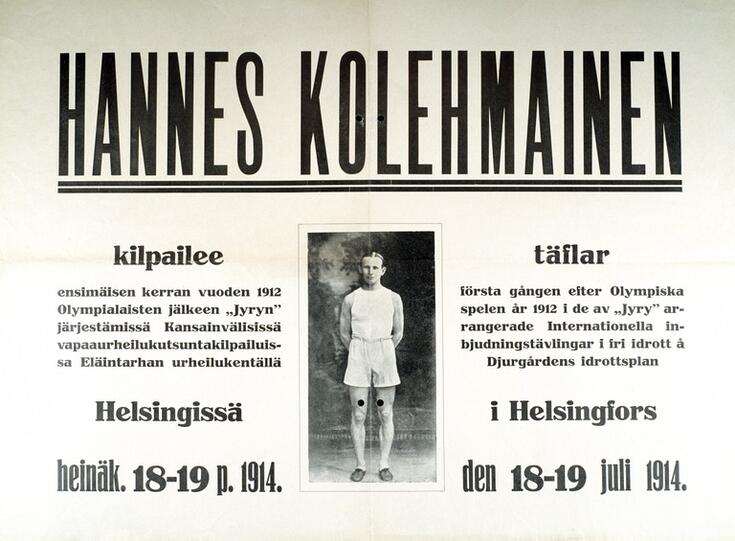 Reklam för ett av idrottsföreningen Jyrys evenemang, där dragplåstret var OS-vinnaren Hannes Kolehmainen.