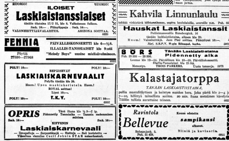 Kuvakaappaus lehden sivusta, jolla ilmoitetaan laskiaisen tapahtumista.