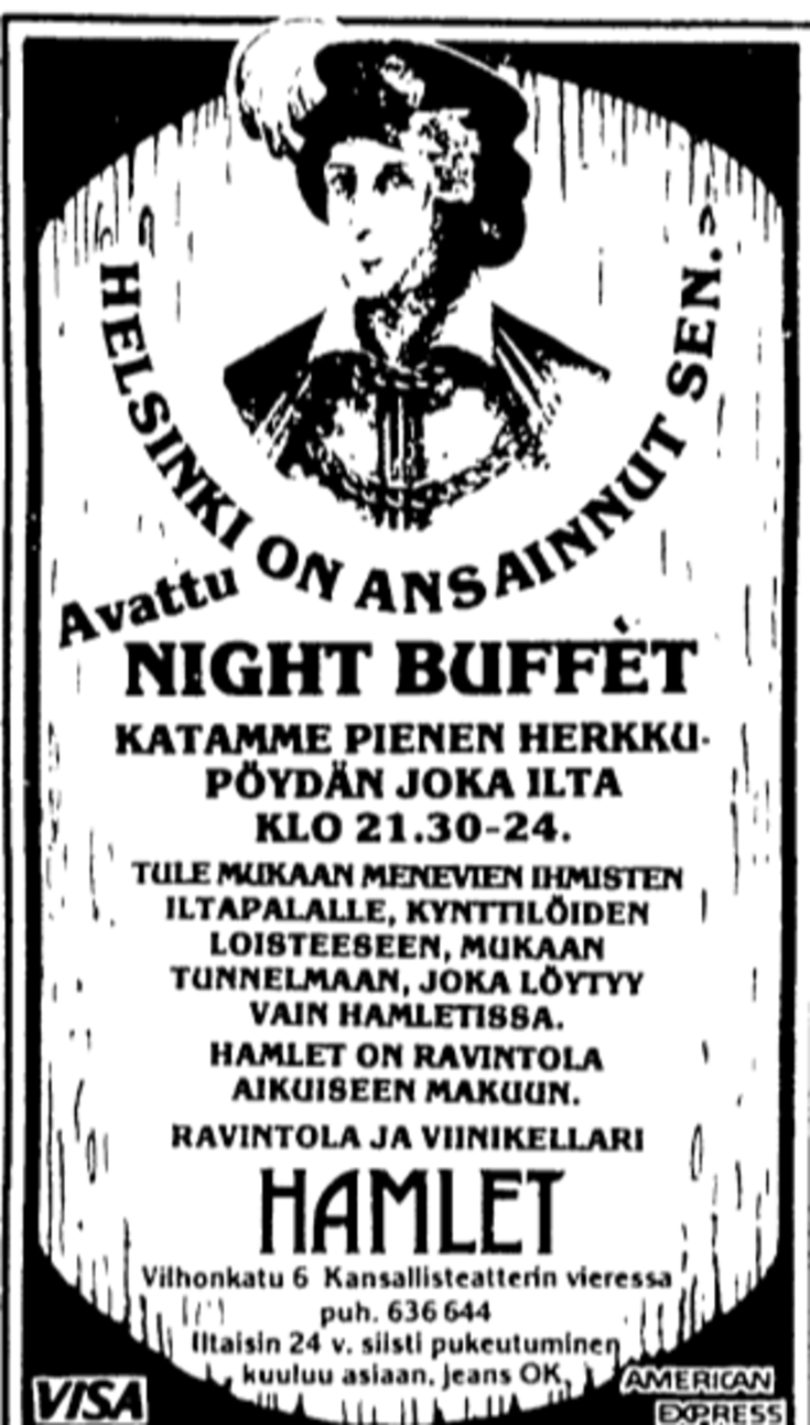 Finskspråkig annons för restaurang Hamlets nattbuffé.