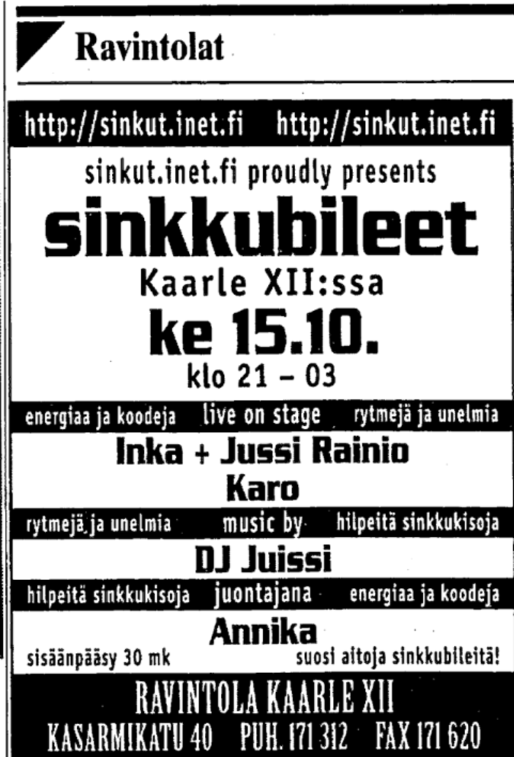Finskspråkig annons om singelfest på restaurang Kaarle XII onsdagen den 15 oktober 1997.