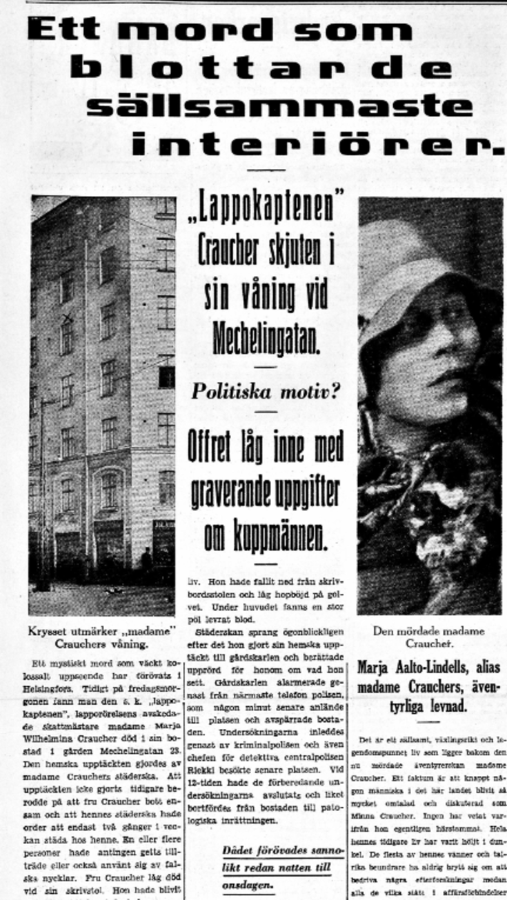 Skärmdumpning av en artikel om Minna Crauchers mord