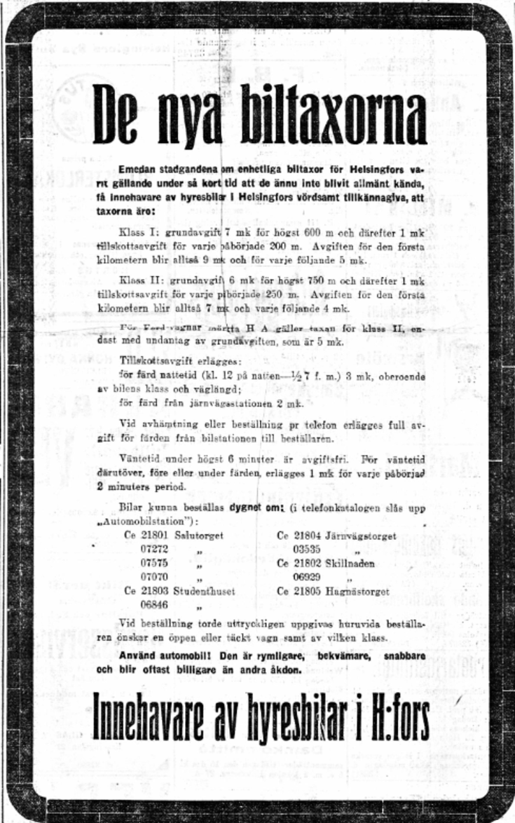 Tidningsannons med upplysning om nya hyrsbiltaxor och hyrbilstationer.