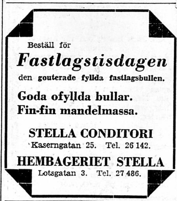 Tidningsreklam för fastlagsbullar med eller utan fyllning.