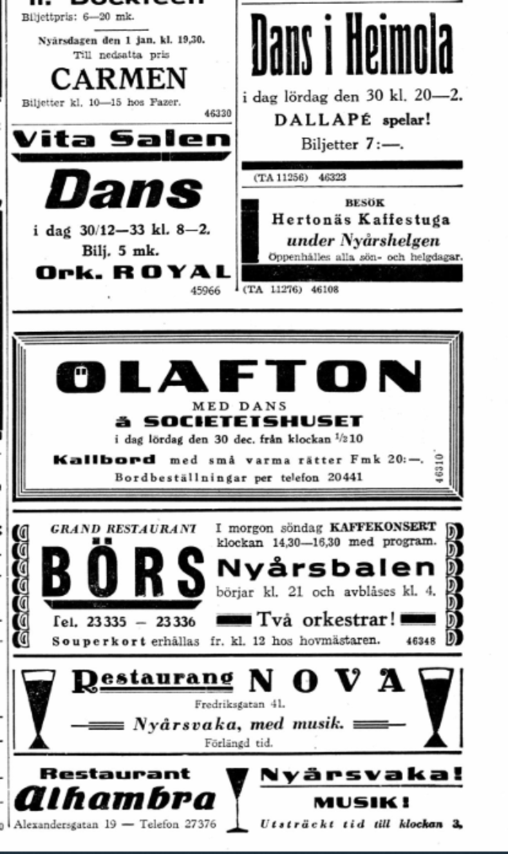 Tidningsannonser om dans på nyårsafttonen år 1933.