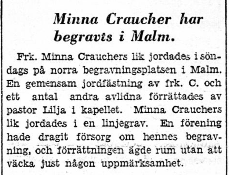 En tidningsnotis om Minna Crauchers begravning