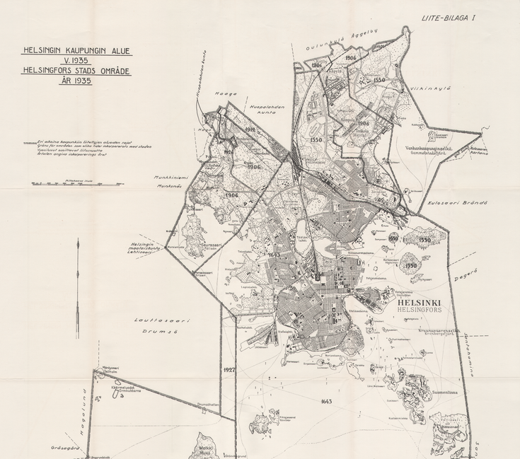 Helsingin kaupungin kartta vuodelta 1935. Tarkassa kartassa esitetty asemakaava, joitain yksittäisiä rakennuksia sekä vuodet, jolloin eri Helsingin alueet liitettiin kaupunkiin.