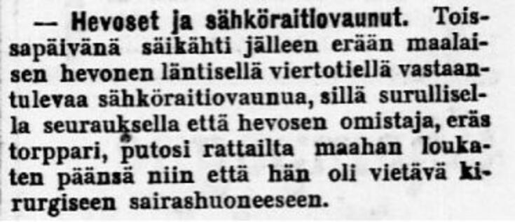 Uutinen hevosen jäämisestä raitiovaunun alle
