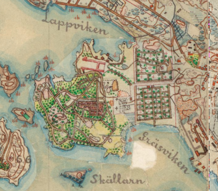Karttapiirros Lapinlahden ja Hietaniemen hautausmaan alueesta vuonna 1873