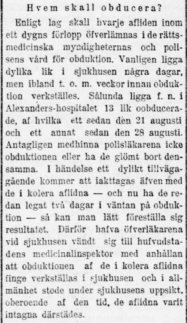 Hbl funderar på vem som ska obducera döda i kolera.