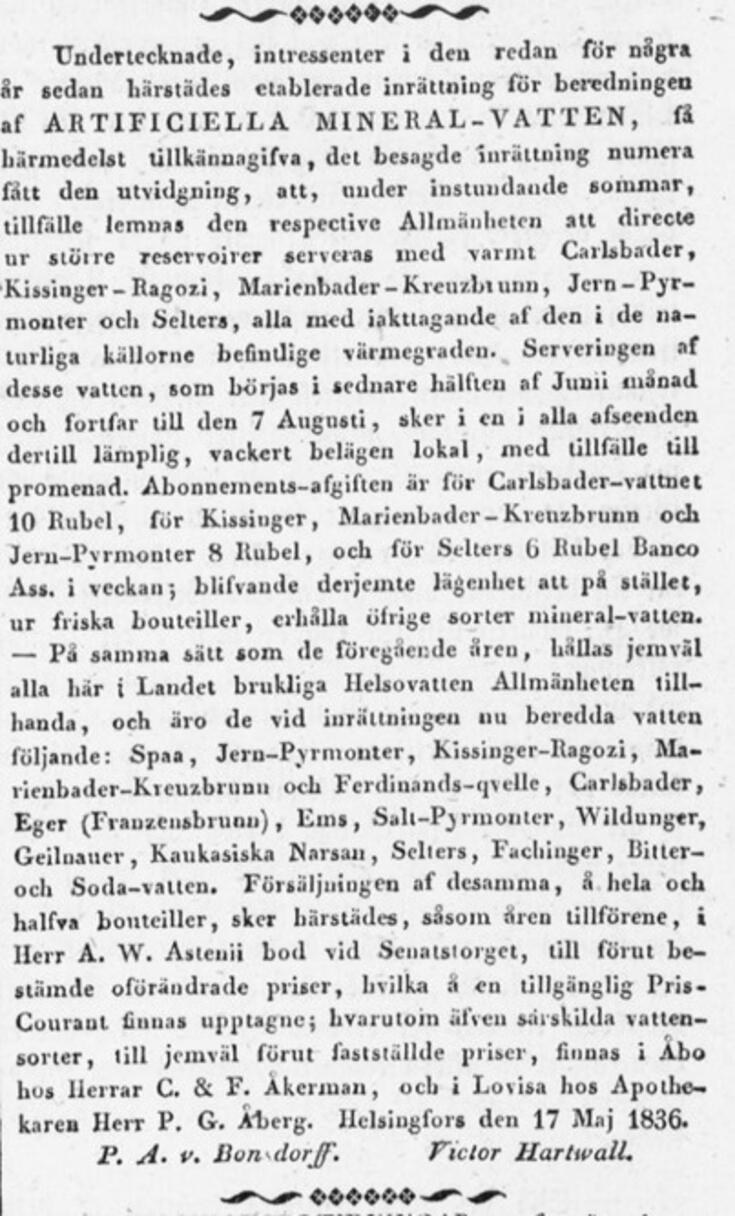 Hartwalls reklam från år 1836