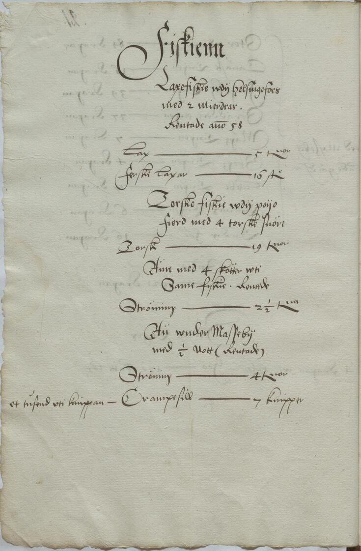 En förteckning över fiskarter och mängder skriven med vacker handstil