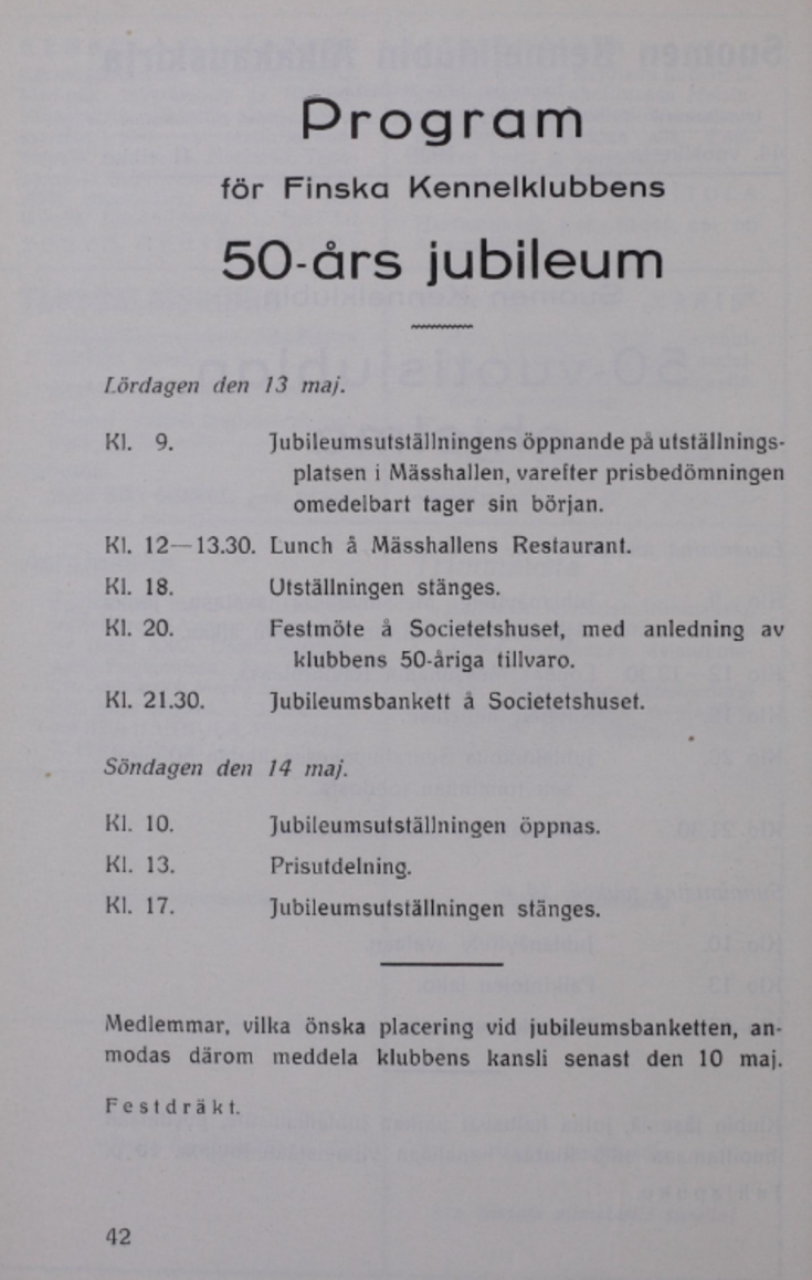 Inbjudan till Finska kennelklubbens 50-årsjubileum i Mässhallen