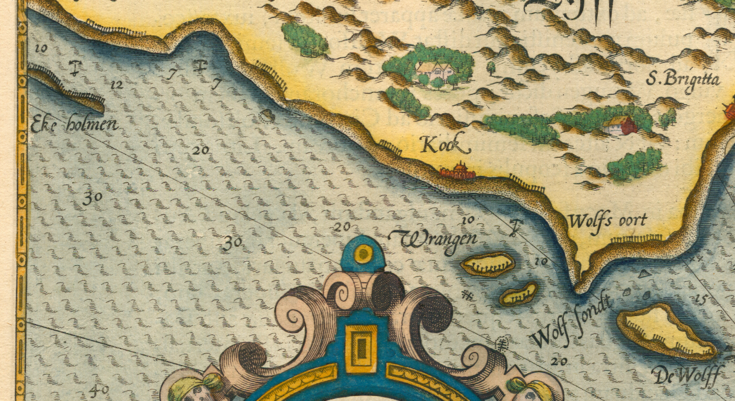 Osasuurennos vanhasta kartasta, johon on piirretty Viron rannikkoa ja Suomenlahtea.