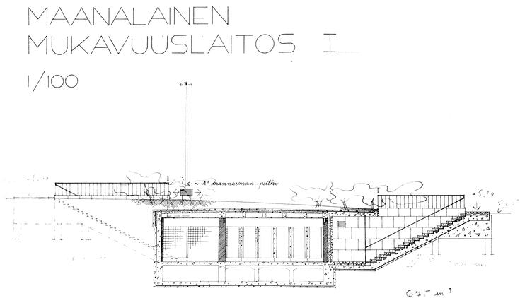 Leikkauspiirustus maanalaisesta käymälästä, jota ei toteutettu. Portaat johtavat katutasolta alas sisäänkäynnin luo.