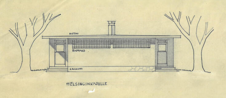 Julkisivupiirustus, jossa on matala, yksinkertainen käymälärakennus. Sokkeliin on kirjoitettu GRANIITTI, seinään RAPPAUS ja katon päälle BETONI.