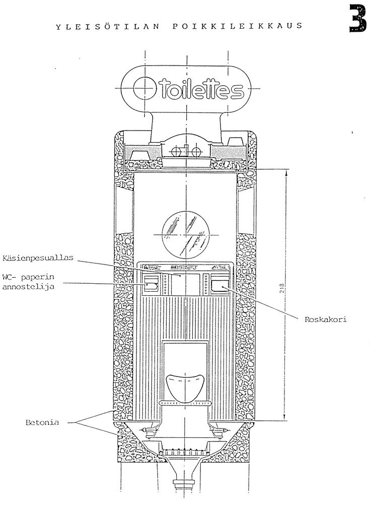 Piirros esittää läpileikkausta soivasta vessasta. Siihen on merkitty roskakori, käsienpesuallas ja wc-paperin annostelija sekä istuin. 
