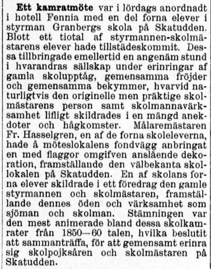 Ruotsinkielinen lyhyt lehtiartikkeli, jossa kerrotaan hotelli Fenniassa pidetystä koulukaveritapaamisesta.