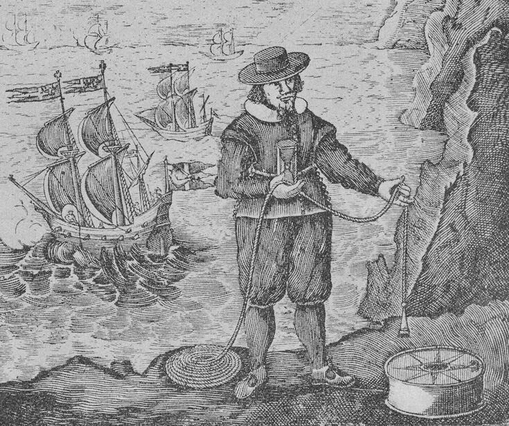 Teckningen föreställer en man klädd i 1600-talsets kläder med en lodlina i handen. Han står på en strandklippa och bakom honom finns havet och flera skepp. 