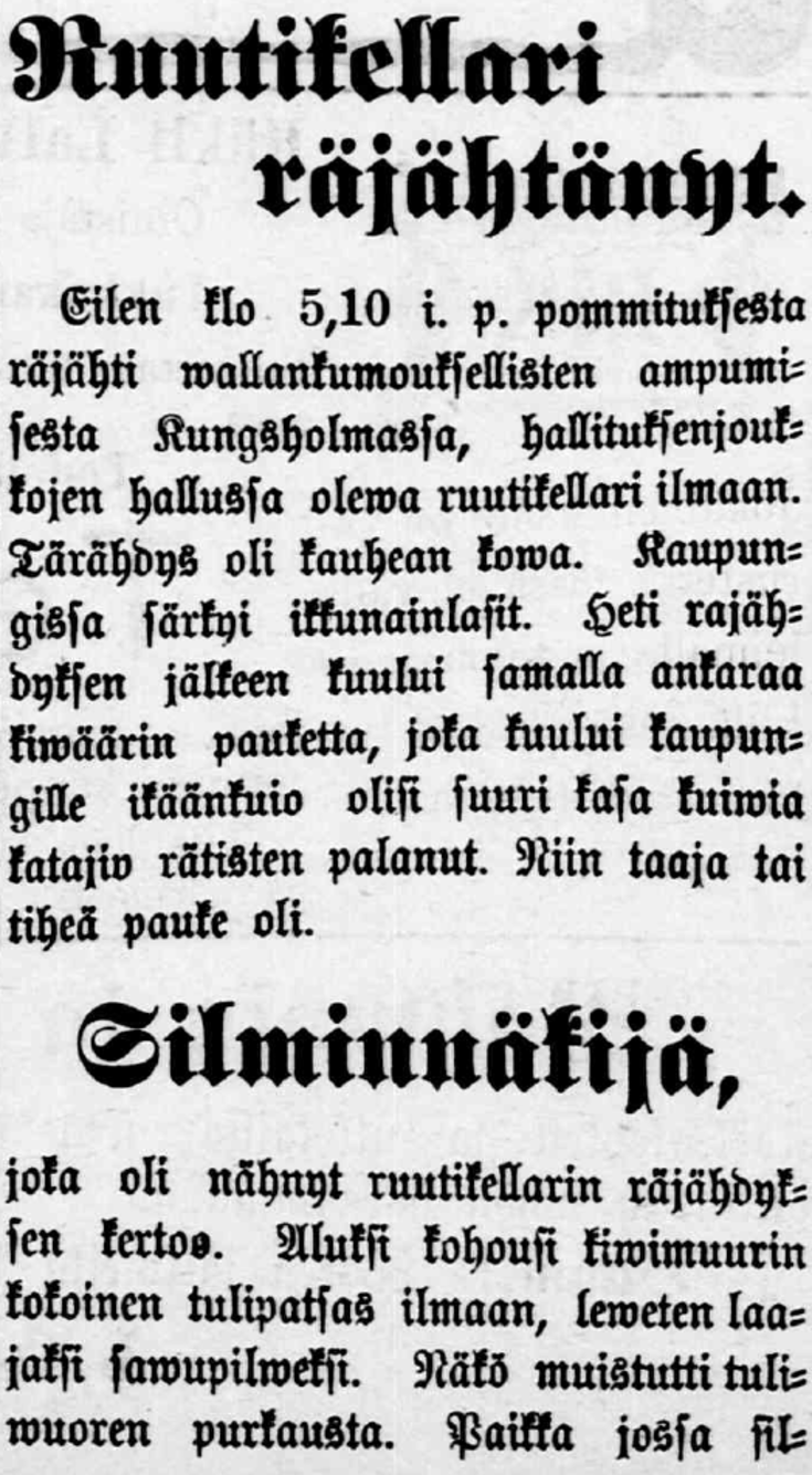 Osa Työ-lehden artikkelia Viaporin kapinasta, joka kuvaa Kuninkaansaaren räjähdystä.