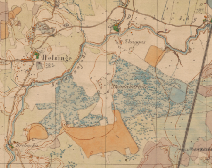 Karttapiirros, johon on merkitty ruotsiksi kylät ja topografia.