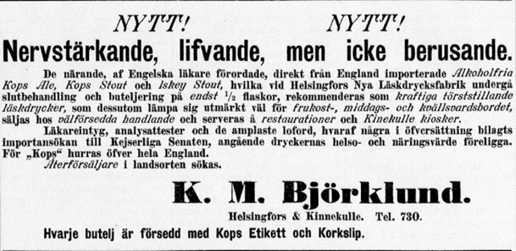 Helsingfors Nya Läskdrycksfabrik -yrityksen lehtimainoksessa kehutaan tuotteiden terveysvaikutuksia ja etsitään jälleenmyyjiä maaseudulla. 