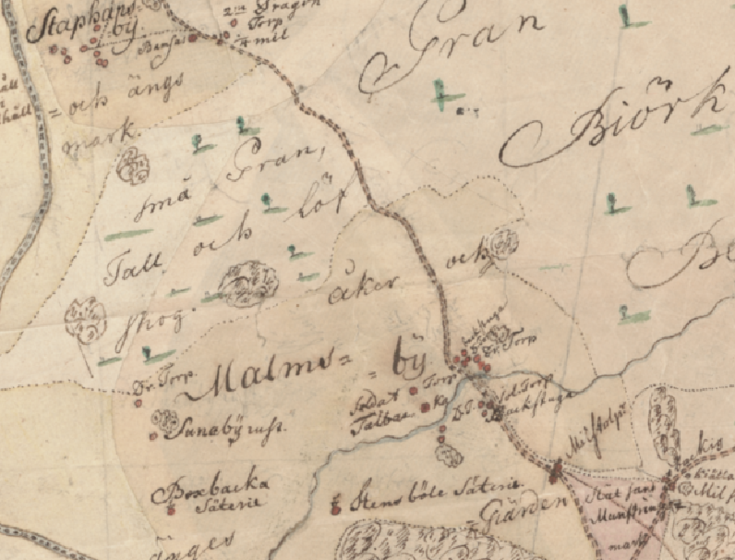 Kuvakaappaus käsin piirretystä kartasta, johon on ruotsiksi merkitty Malmin kylä, läheiset maatilat ja metsät