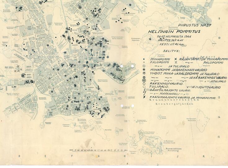 Karta över hur bomberna träffade 26.−27.2.1944