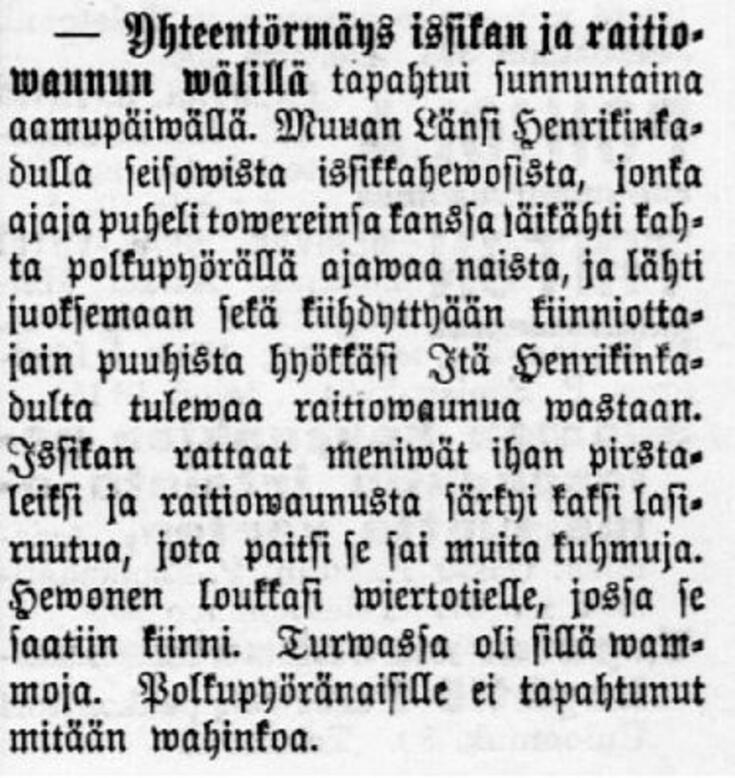 Uutinen issikan ja raitiovaunun yhteentörmäyksestä