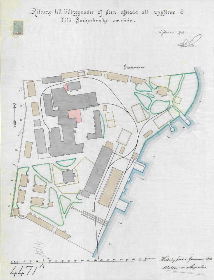 Suunnitelma rakennusten sijoittamisesta tehdasalueelle. Musta viiva kuvaa rautatiekiskoja.
