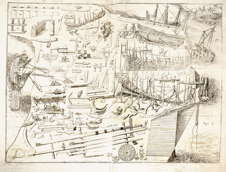 En boksida med ritningar av olika skeppsdelar.