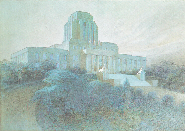 Piirros esittää suurta graniittirakennusta, jonka keskiosa kohoaa sivustoja korkeammaksi.