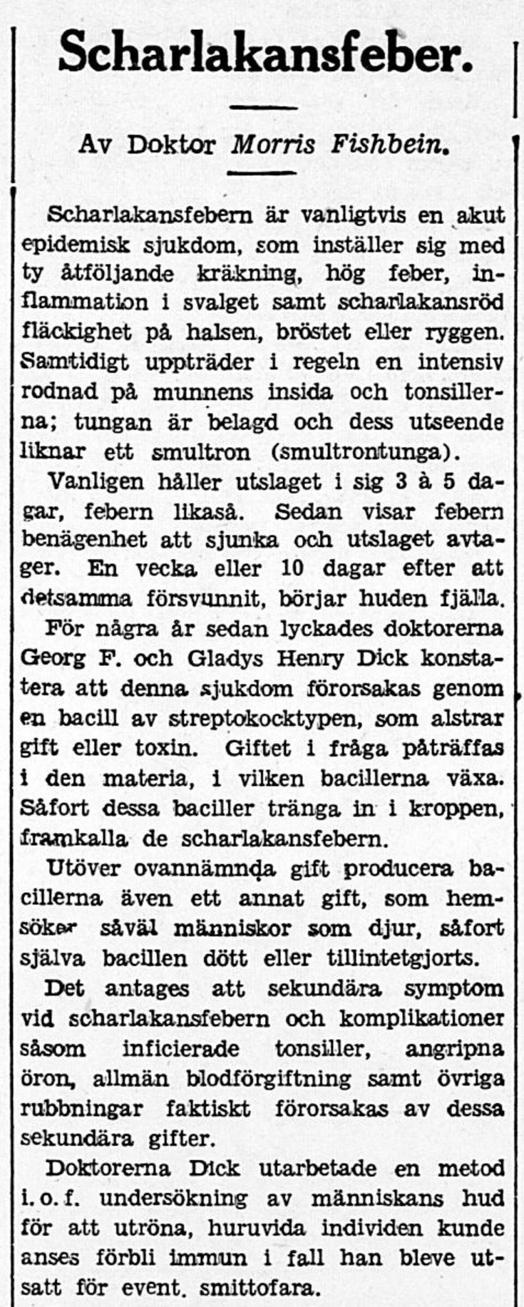 Artikel om scharlakansfeber i Hufvudstadsbladet 20.7.1935