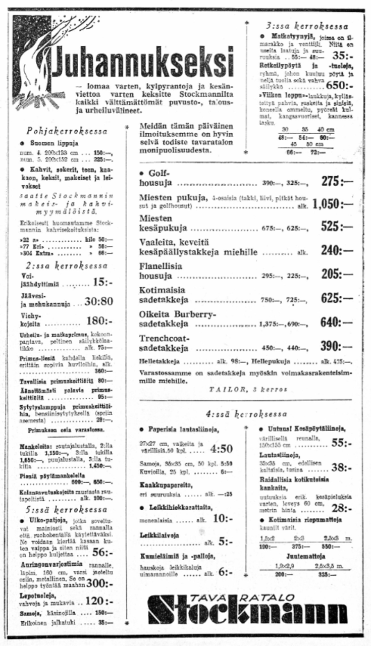 Stockmann mainostaa vaatteita, leluja, urheiluvälineitä ja taloustavaroita, joita ihmiset voivat tarvita juhannuksena ja kesällä