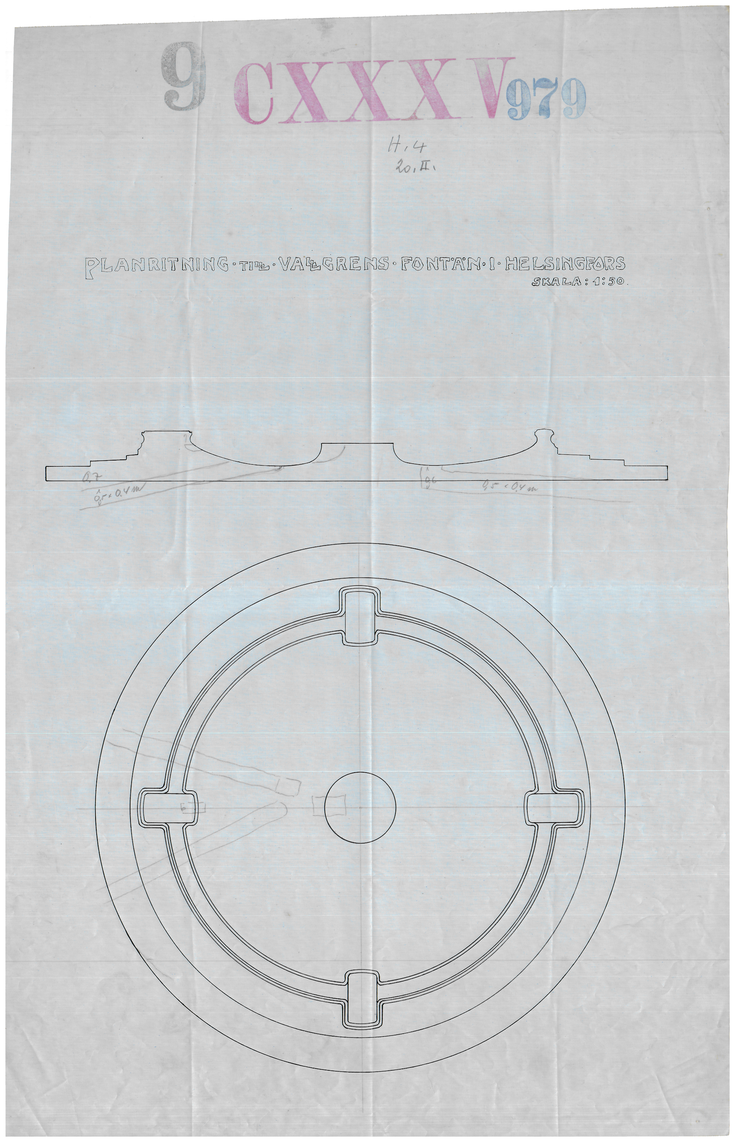 The image shows the minimalist circular floor plan of the Havis Amanda fountain and the side profile of the fountain. The drawing mainly represents the fountain basin and does not include the statues belonging to the fountain.