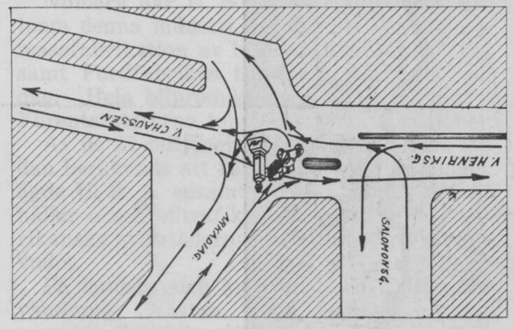 Piirros esittää Arkadiankadun, Läntisen viertotien, Läntisen Heikinkadun ja Salomonkadun risteystä. Siihen on piirretty liikennemajakka ja merkitty nuolilla ajosuunnat.