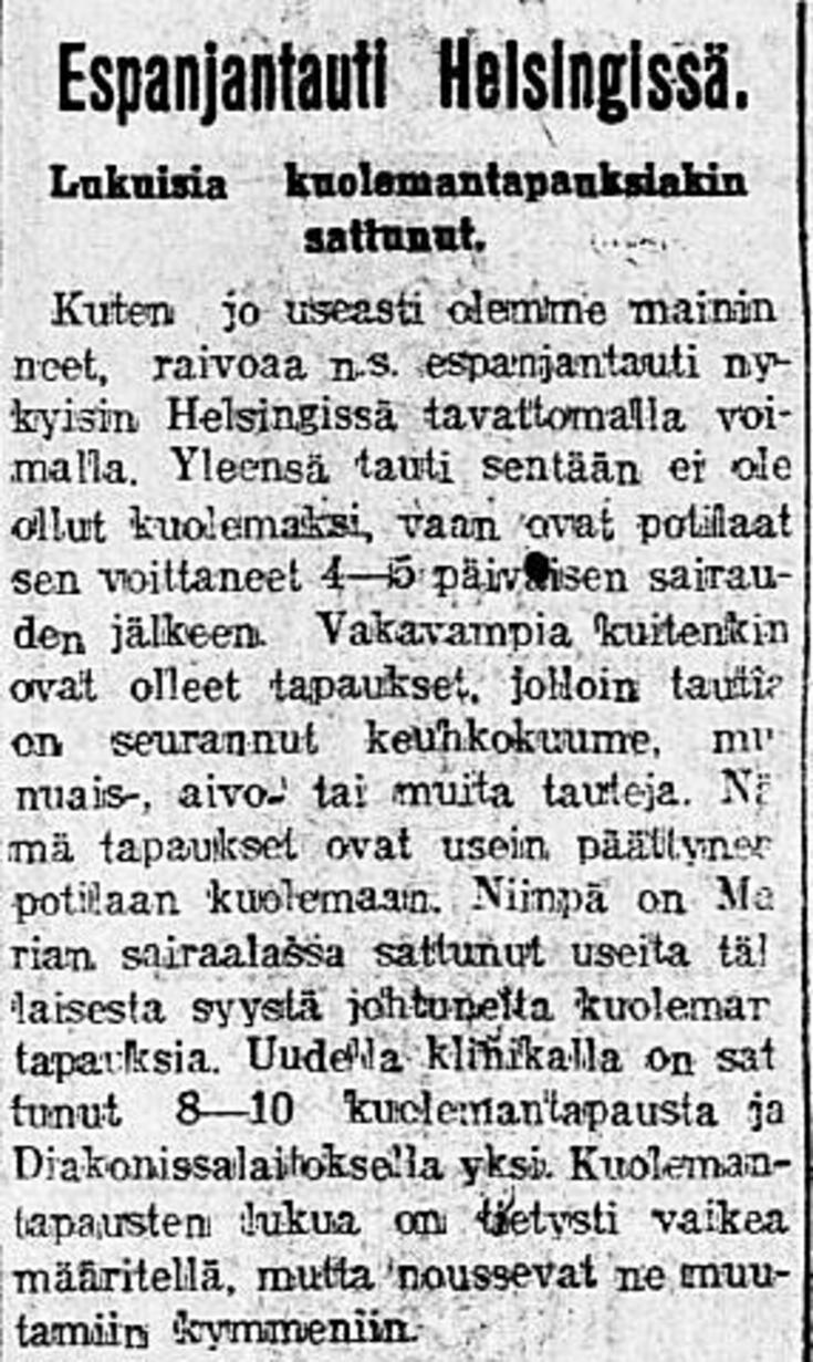 Uutinen espanjantaudin aiheuttamista kuolemantapauksista.