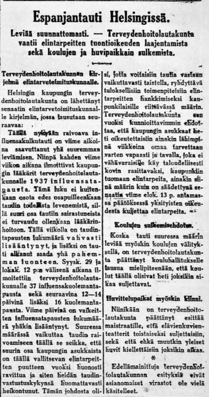 Espanjantaudin leviämistä käsittelevä lehtileike Uusi Suometar -lehdessä.