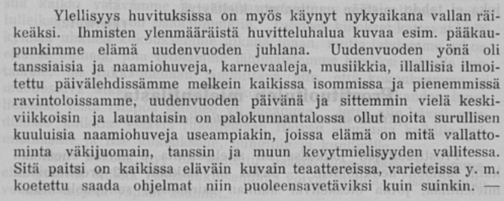 Kuvakaappaus lehtikirjoituksesta, joka kauhistelee maailmallista menoa ja juhlintaa.