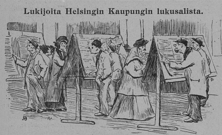 Piirros, jossa ihmiset seisovat lukemassa pystytelineisiin kiinnitettyjä sanomalehtiä.