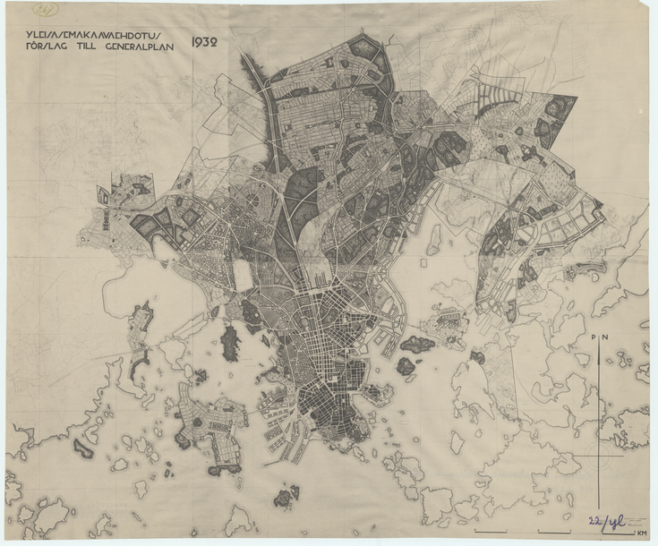 Förslag till Helsingfors generalplan från år 1932 inkluderande eventuella inkorporeringsområden. Den detaljerade planen sträcker sig utanför stadens dåvarande gränser exempelvis till Hertonäs, Åggelby och Drumsö.