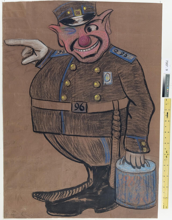 Paksu punanenäinen poliisi iskee silmää peltikanisteri kädessä. Hänen vyössään ja olkapoleteissaan on numero 96. 