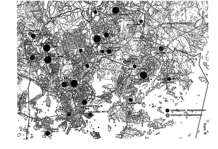 Karttaliite Helsingin asuntotuotantosuunnitelmasta vuosille 1974–78, jossa esitellään rakentamisen painopistealueita erikokoisten pallojen avulla. Suurimmat rakennustavoitteet on asetettu raideliikenteen varsille: Pasilaan, lännessä Pohjois-Haagaan ja Kannelmäkeen, pohjoisessa Pukinmäkeen ja Malmille, idässä Itäkeskukseen.