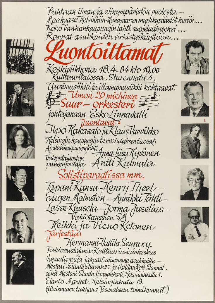 Affischen gör reklam för en natursoaré på Kulturhuset den 18 april 1984 kl. 19. I mitten finns text, vid kanterna bilder av dem som ska uppträda.