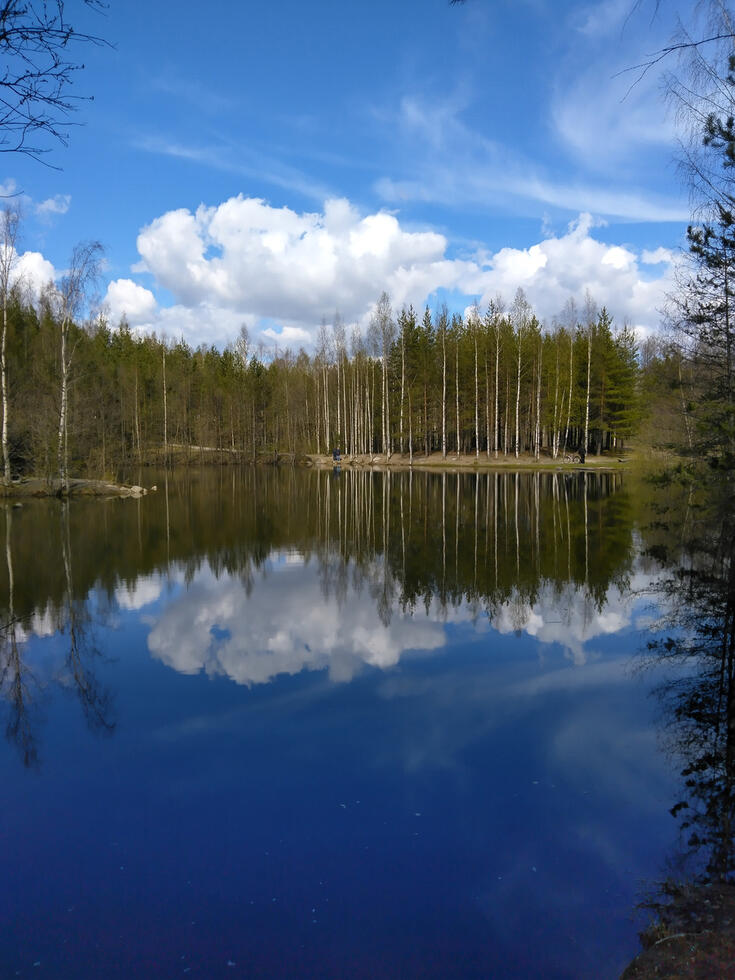 Vy över dammen i Jakobacka i närheten av Klapperstensvägen. Dammen är ett vattenfyllt område som tidigare var ett sandtag. Fotografiet är taget en solig och vindstilla dag.