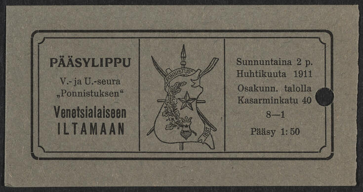 Pääsylippu venetsialaiseen iltamaan, Kasarminkatu 40, hinta 1, 40 mk.